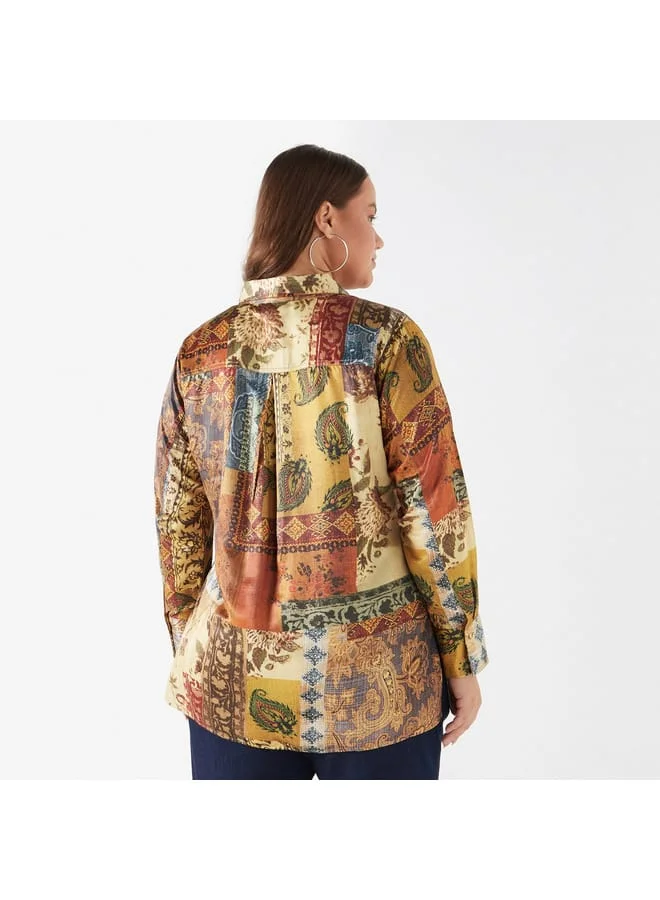 Ulla Popken Plus Size Ulla Popken Printed Shirt with Collar and Long Sleeves