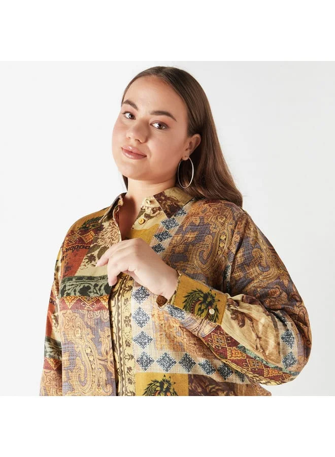 Ulla Popken Plus Size Ulla Popken Printed Shirt with Collar and Long Sleeves