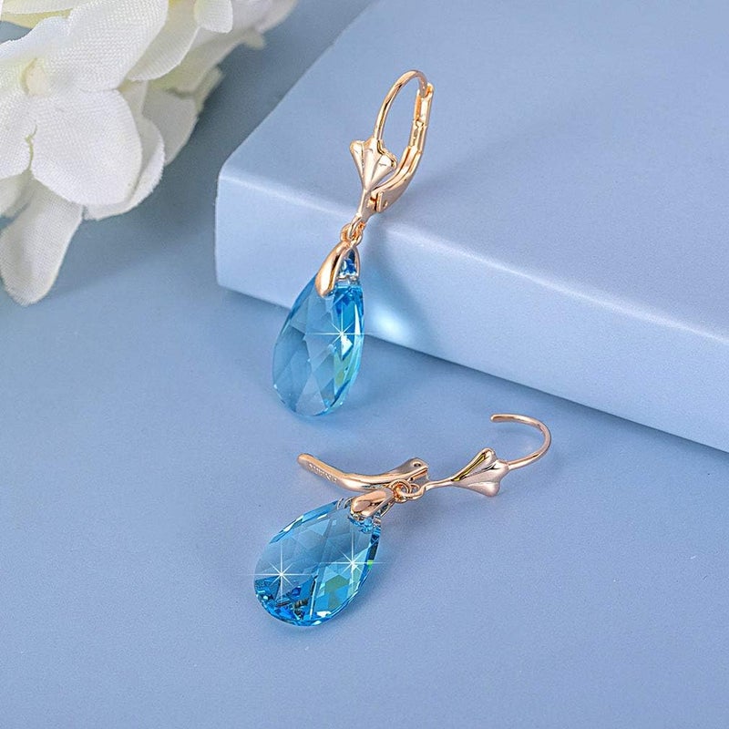 EVEVIC Austrian Crystal Teardrop Leverback Dangle Earrings for Women Fashion 14K Gold Plated Hypoallergenic Jewelry (Aquamarine) - Image 3