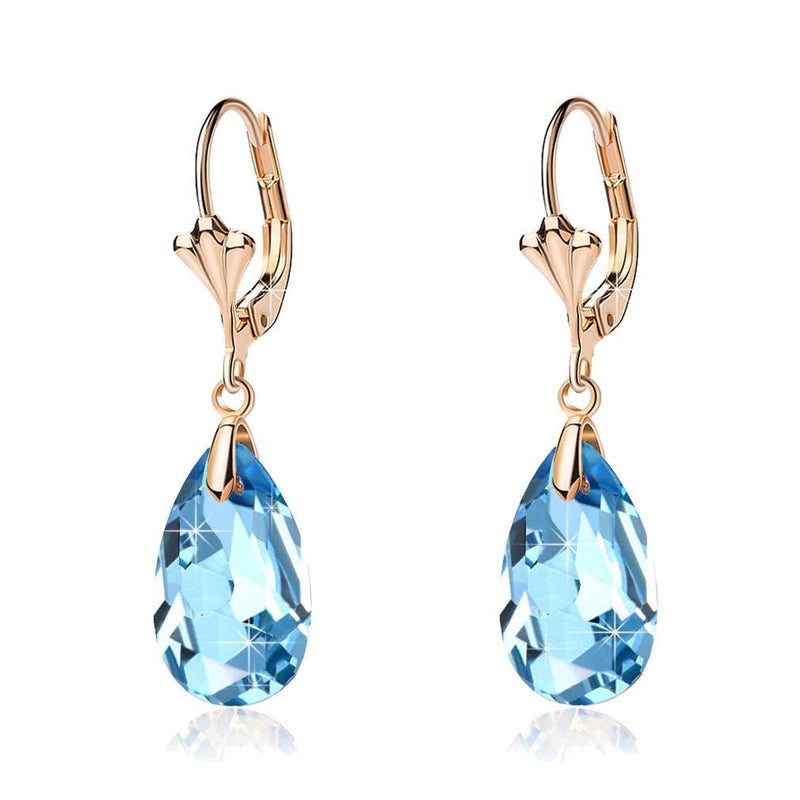 EVEVIC Austrian Crystal Teardrop Leverback Dangle Earrings for Women Fashion 14K Gold Plated Hypoallergenic Jewelry (Aquamarine) - Image 1