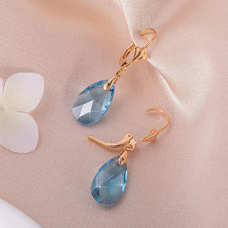 EVEVIC Austrian Crystal Teardrop Leverback Dangle Earrings for Women Fashion 14K Gold Plated Hypoallergenic Jewelry (Aquamarine) - Image 5