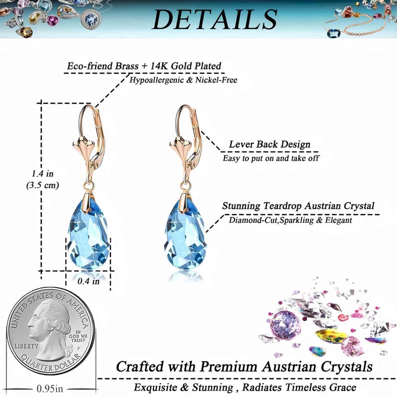 EVEVIC Austrian Crystal Teardrop Leverback Dangle Earrings for Women Fashion 14K Gold Plated Hypoallergenic Jewelry (Aquamarine) - Image 4