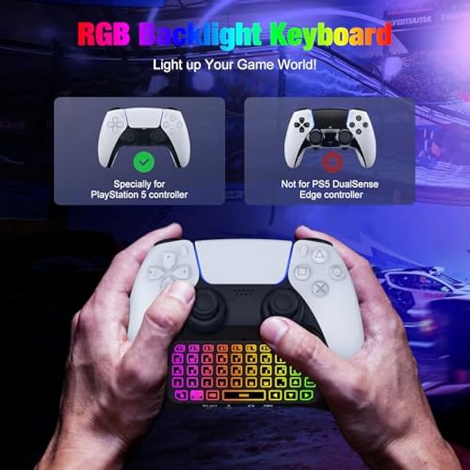 rayihni لوحة مفاتيح بإضاءة RGB متوافقة مع وحدة تحكم PS5، لوحة مفاتيح تحكم ألعاب بلوتوث لاسلكية صغيرة لوحدة بلاي ستيشن 5 مع مكبر صوت مدمج ومدخل صوت 3.5 مم، ملحق لوحدة تحكم PS5 - Image 2