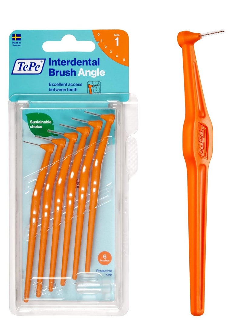 Tepe Interdental Brush Angle, Angled Dental Brush for Teeth Cleaning, Pack of 6, 0.45 mm, Extra-Small/Small Gaps, Orange, Size 1 - Image 1