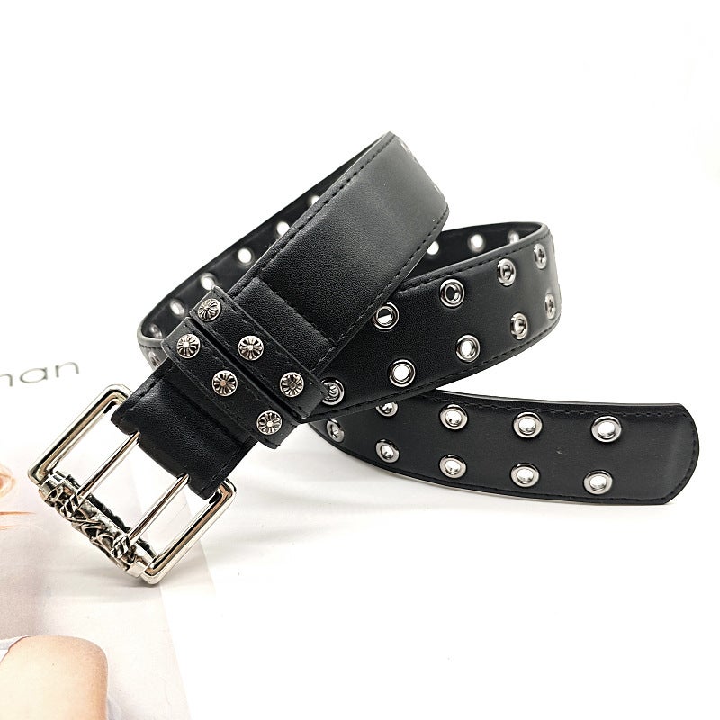American-style Crowe Carved Roller Full-hole Double-row Eye Buckle Jeans with Full-hole Belt Wide Niche Design Sense Pu carved double ring 