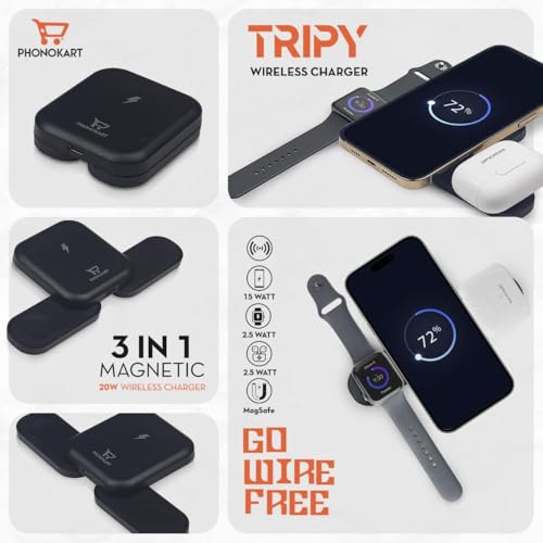 Phonokart Tripy 3-in-1 Wireless Charger – 20w Fast Charging Stand for iPhone, Apple Watch & AirPods. Sleek, Travel-Friendly Qi Charger for Desk or Bedside - Image 2