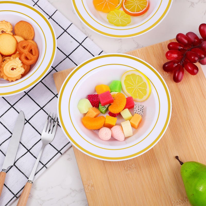 Jinei 150 Pieces 6 oz Plastic Bowls with Rim Small Disposable Soup Bowls for Dessert Salad Soup Candy Wedding Thanksgiving Catering Holidays Party Supplies (White Gold Rim) - Image 3