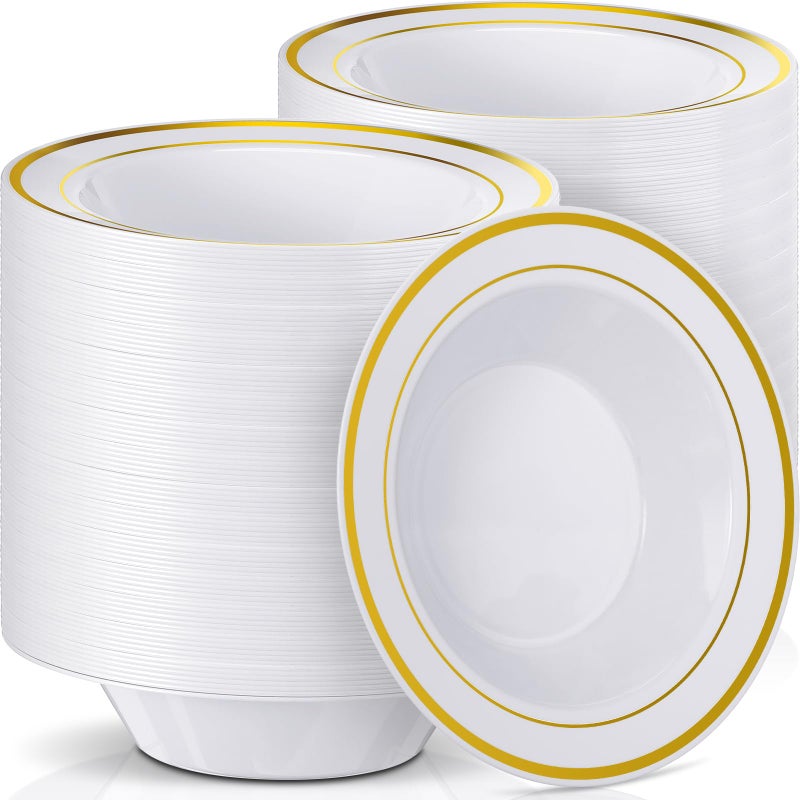 Jinei 150 Pieces 6 oz Plastic Bowls with Rim Small Disposable Soup Bowls for Dessert Salad Soup Candy Wedding Thanksgiving Catering Holidays Party Supplies (White Gold Rim) - Image 1