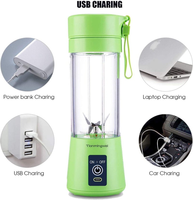 TMW Tianmingwei Portable Blender Personal 6 Blades Juicer Cup Household Fruit Mixer with Magnetic Secure Switch USB Charger Cable 400ml (Green) - Image 4