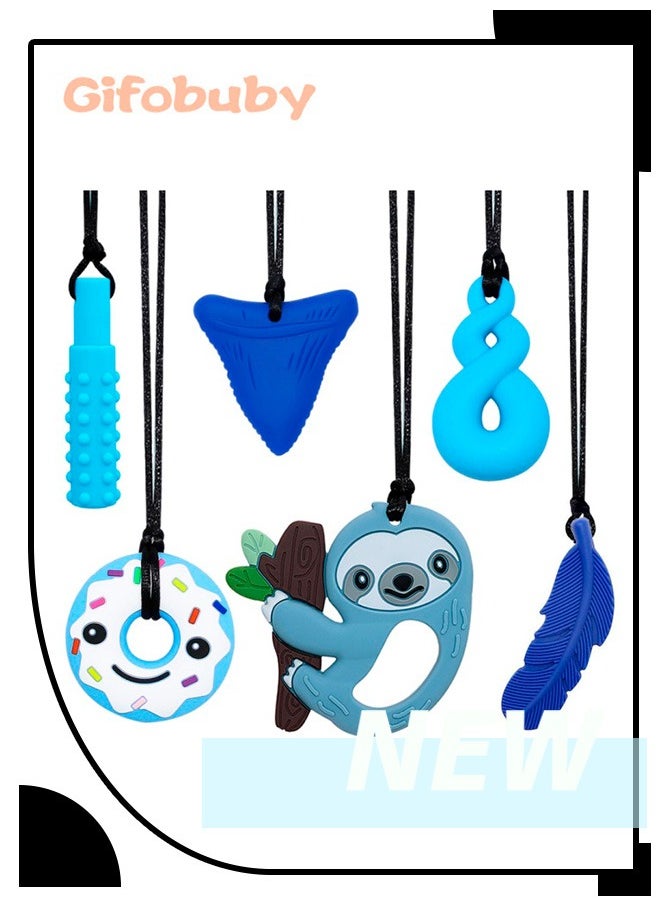 Gifobuby 6 Piece Blue Chewable Necklace Baby Silicone Teether Set Sensory Toys  - Image 1