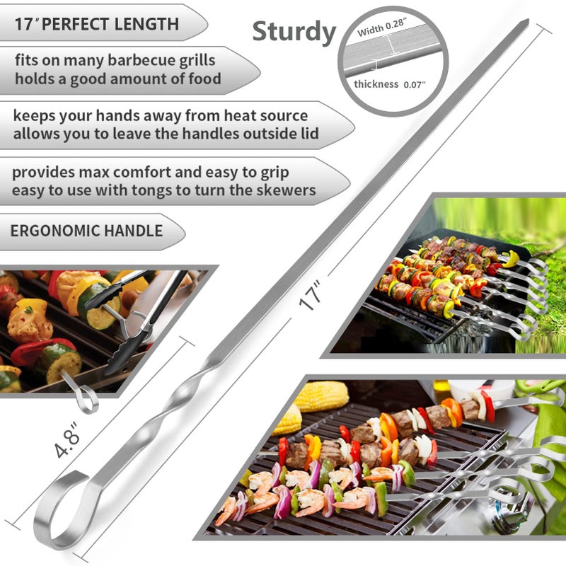 LANNEY Skewers - 17" Kabob Skewers for Grilling, Metal Sticks for Kabobs Stainless Steel Flat Long Shish Kebab Reusable Grill BBQ Barbecue Sticks for Meat Chicken Vegetable, 12 Pack Bonus 14 Inch - Image 2