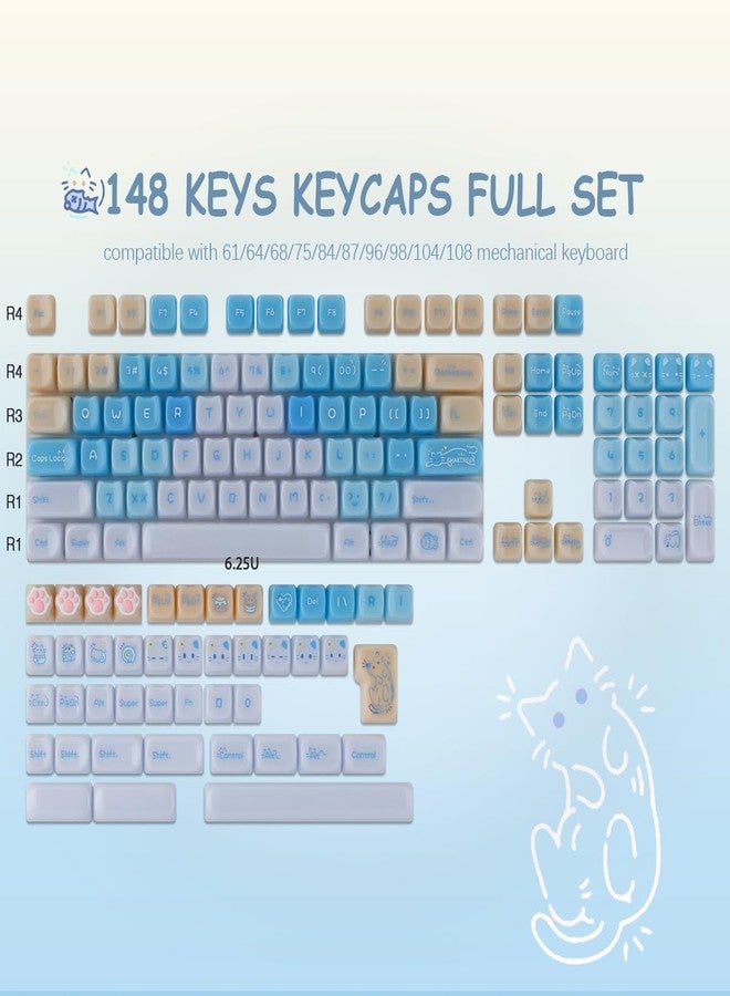 TYRIXKI Ceramic Jade Sea Salt Cat Keycaps, 148 Keys Translucent Blue Creamy Jelly Cute Keycaps Mao Profile Custom Keycap for Cherry Gateron MX Swithes Mechanical Keyboards - Image 2