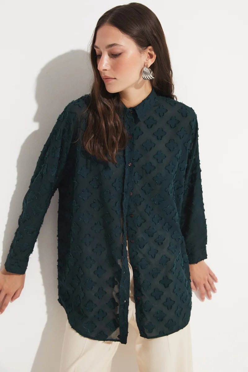 جون Women's Exclusive Oversize/loose Cut Self-Patterned Chiffon Shirt