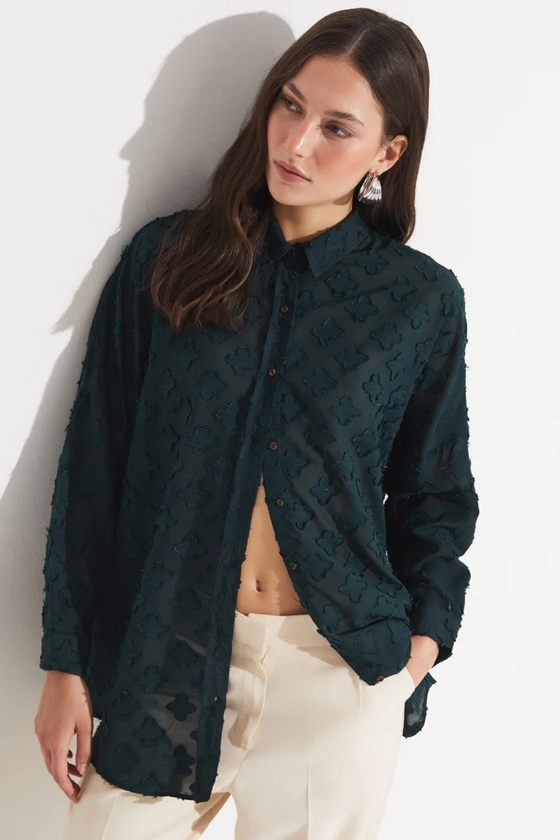 جون Women's Exclusive Oversize/loose Cut Self-Patterned Chiffon Shirt