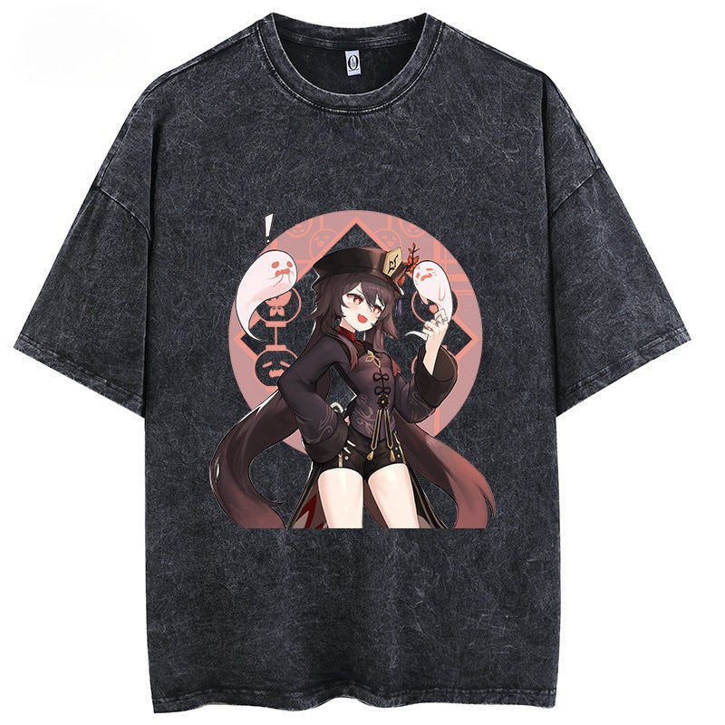 Game Genshin Impact Graphic T-Shirt Retro Washed Cotton T-Shirt Top Casual In T-Shirt Harajuku - Image 3