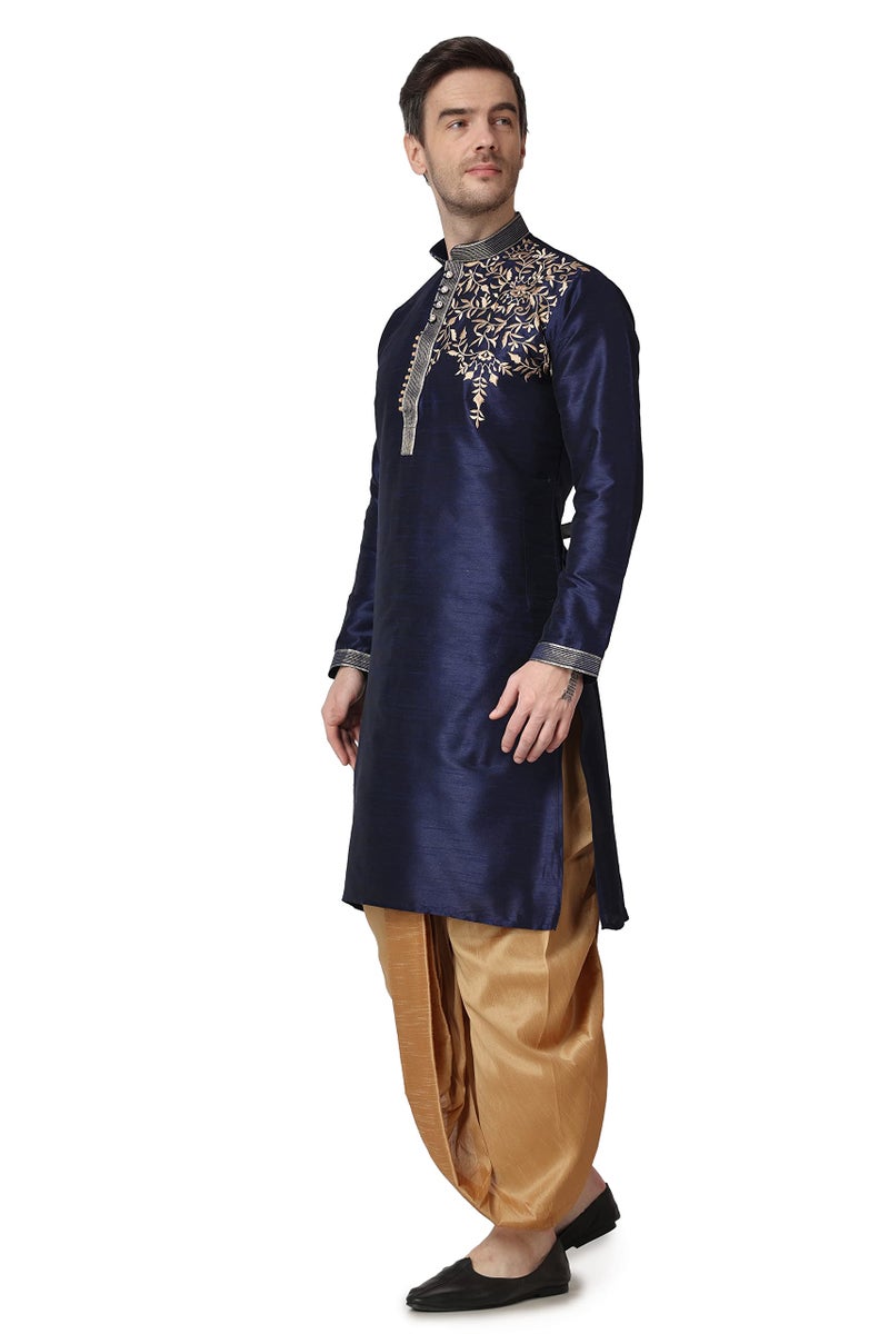 Royal Kurta Mens Cotton Silk Embroidered Kurta and Dhoti Pant Set (40, Navy Blue) - Image 4
