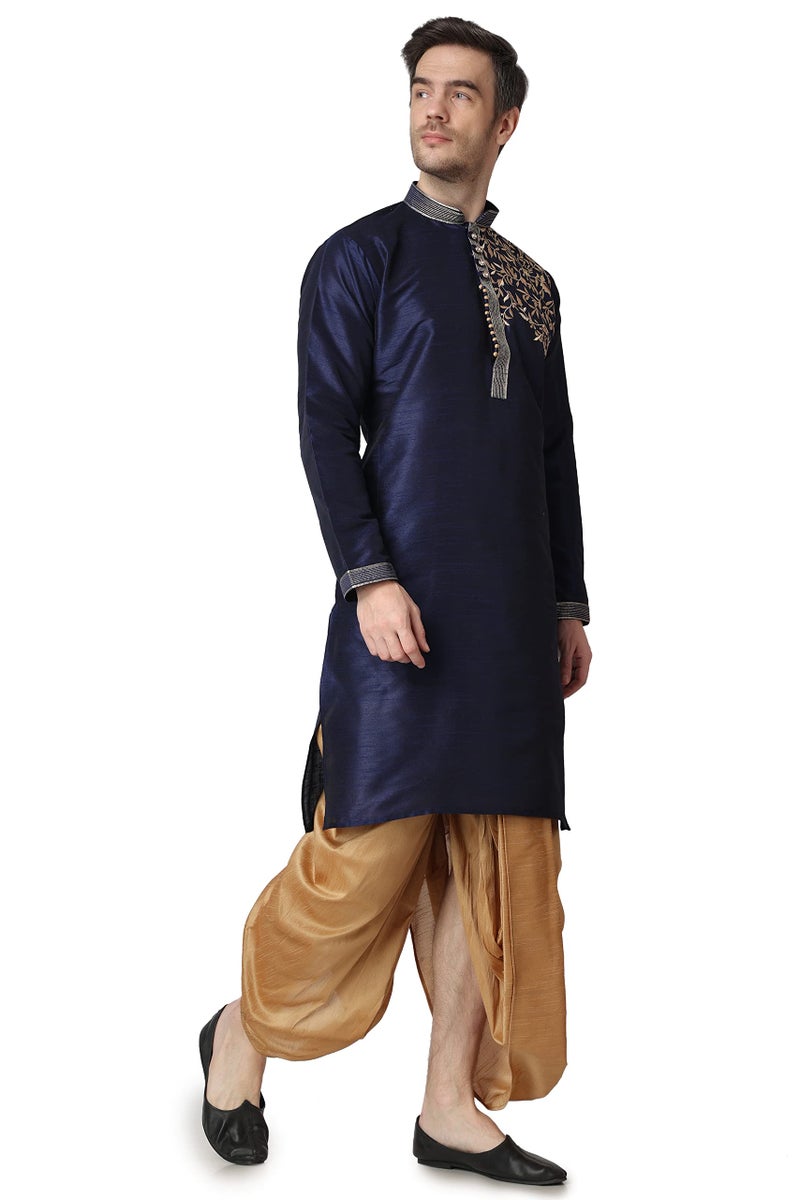 Royal Kurta Mens Cotton Silk Embroidered Kurta and Dhoti Pant Set (40, Navy Blue) - Image 5