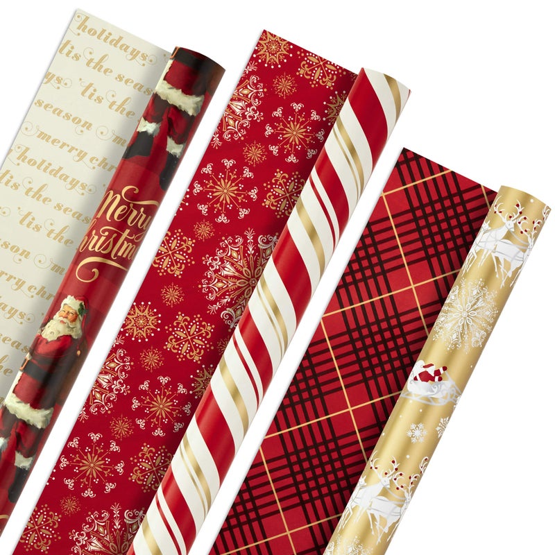 Hallmark Christmas Wrapping Paper Rolls Traditional Holiday Gift Wrap Paper Set of 3 Reversible Rolls 120 sq ft ttl Red and Gold Snowflakes Stripes Plaid Santas Sleigh