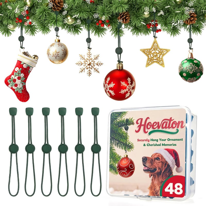 Hoevaton 48 PCS Adjustable Christmas Ornament Hooks, Non-Slip Hanger Hooks for Hanging Small & Large Heavy Ornaments, Xmas Ornament Hanging Hooks for Holiday Tree Decorations (Green, 48 Count) - Image 1