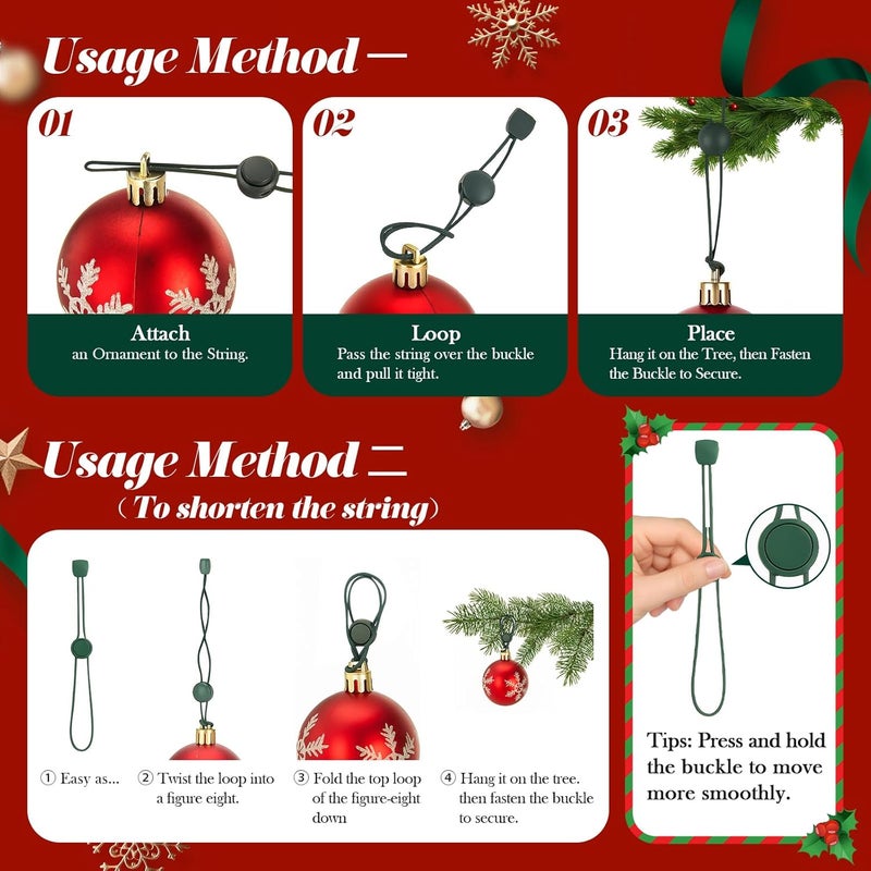 Hoevaton 48 PCS Adjustable Christmas Ornament Hooks, Non-Slip Hanger Hooks for Hanging Small & Large Heavy Ornaments, Xmas Ornament Hanging Hooks for Holiday Tree Decorations (Green, 48 Count) - Image 4