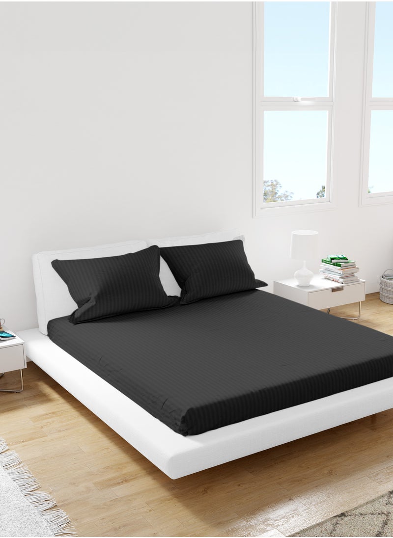 American Linen Queen Striped Fitted Sheet with 2 Pillow Case 180 x 200 Cm Black  - Image 1