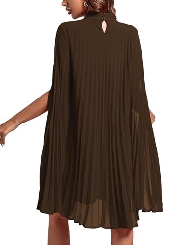 Rooscier Women's Pleated Mock Neck Cloak Sleeve Keyhole Back Flowy Party Midi Dress Plain Brown Small - Image 2