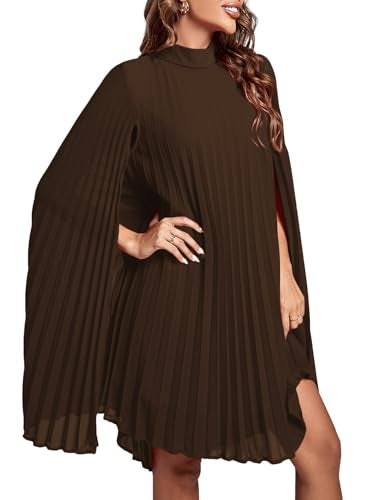 Rooscier Women's Pleated Mock Neck Cloak Sleeve Keyhole Back Flowy Party Midi Dress Plain Brown Small - Image 4