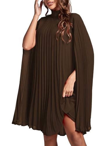Rooscier Women's Pleated Mock Neck Cloak Sleeve Keyhole Back Flowy Party Midi Dress Plain Brown Small - Image 5