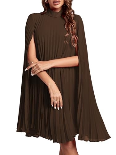Rooscier Women's Pleated Mock Neck Cloak Sleeve Keyhole Back Flowy Party Midi Dress Plain Brown Small - Image 1