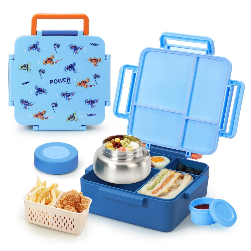 Norxely Bento Box for Kids with Thermos Large Capacity Insulated Kids Lunch Box with 4 Compartment for Ages 3 DropProof Dishwasher Safe Lunchbox Container Blue