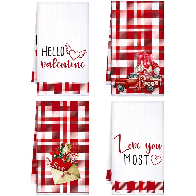 Kajaia 4 Pcs Valentines Day Kitchen Towels Hand Dish Towels Red Valentines Day Decor Love Envelope Truck Fingertip Absorbent Microfiber Cloths for Bathroom Guest Anniversary Wedding 16 x 23.6 Inch - Image 1