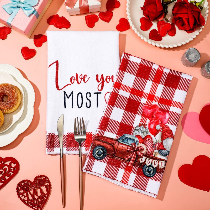 Kajaia 4 Pcs Valentines Day Kitchen Towels Hand Dish Towels Red Valentines Day Decor Love Envelope Truck Fingertip Absorbent Microfiber Cloths for Bathroom Guest Anniversary Wedding 16 x 23.6 Inch - Image 3