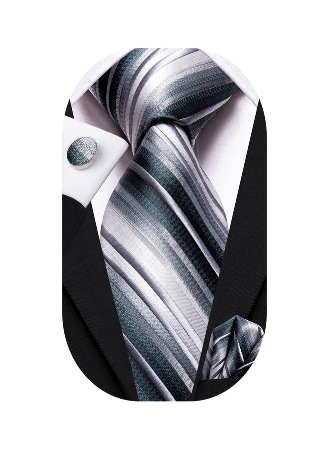 Hi-Tie Men Ties Sets Silk Stripe Paisley Necktie Pocket Square Cufflinks for Business Wedding,Gray Stripe - Image 1
