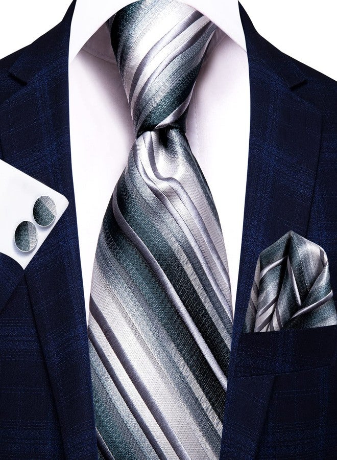 Hi-Tie Men Ties Sets Silk Stripe Paisley Necktie Pocket Square Cufflinks for Business Wedding,Gray Stripe - Image 2