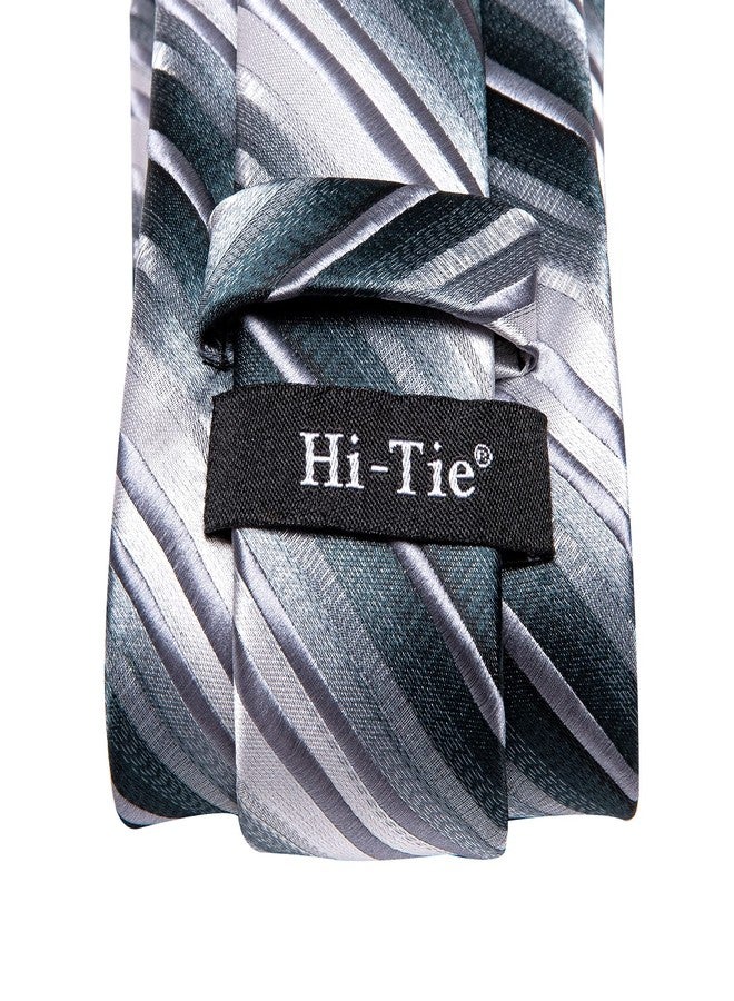 Hi-Tie Men Ties Sets Silk Stripe Paisley Necktie Pocket Square Cufflinks for Business Wedding,Gray Stripe - Image 5