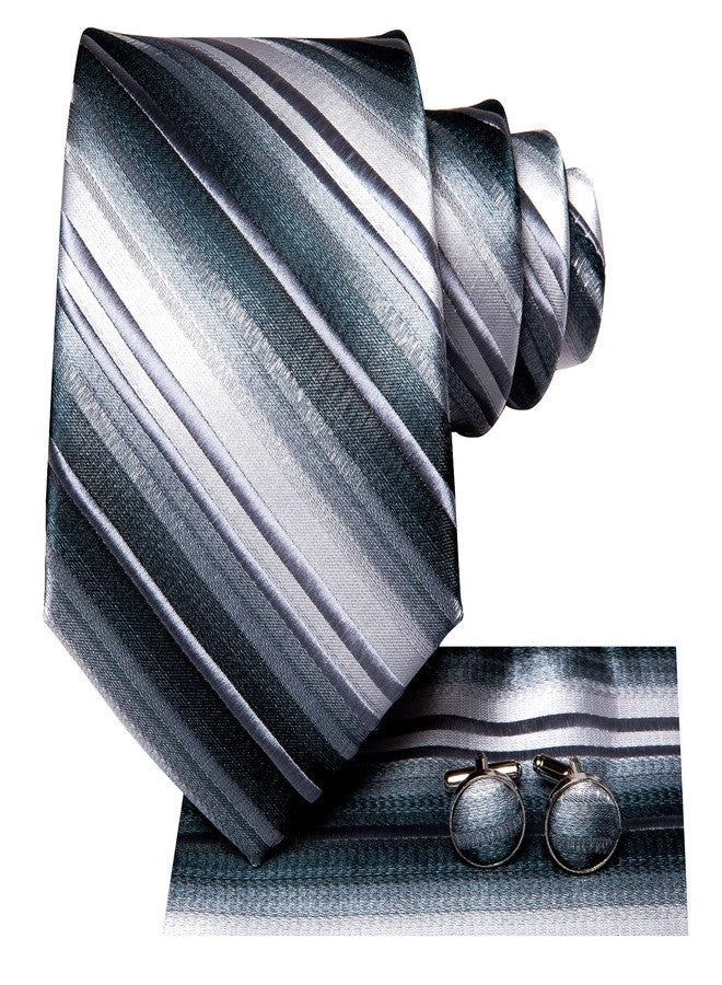Hi-Tie Men Ties Sets Silk Stripe Paisley Necktie Pocket Square Cufflinks for Business Wedding,Gray Stripe - Image 3