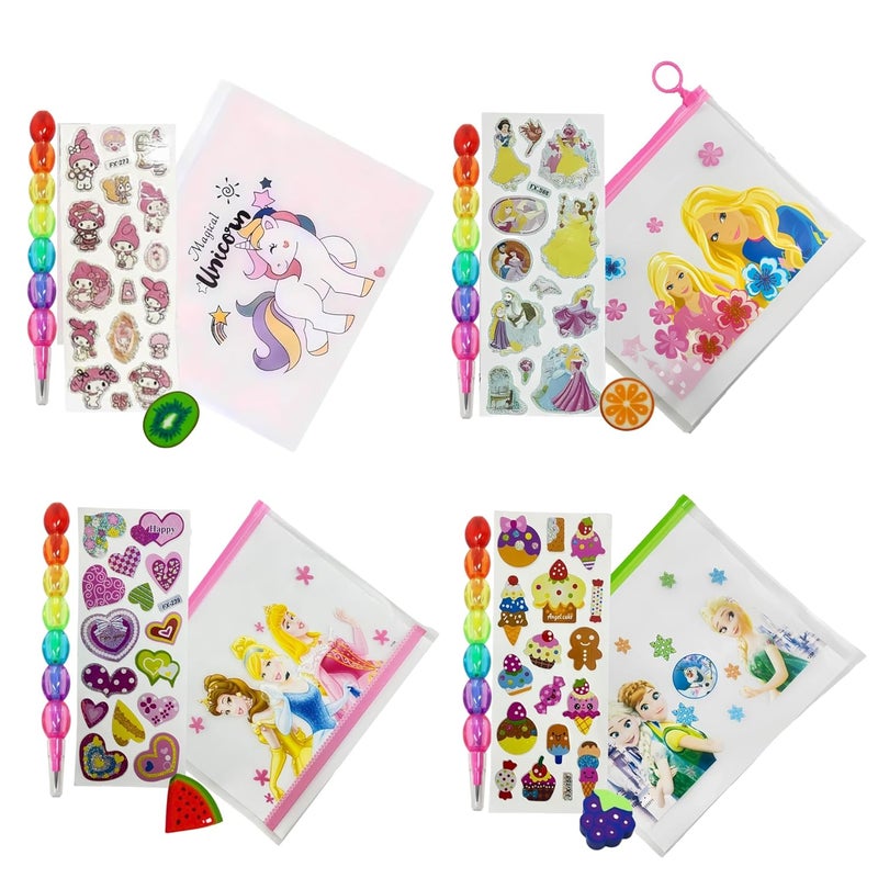 Returngifts : Pack of 8 Combo Sets for Birthday retrun Gifts for Girls. Total 8 Pencil Pouches, 8 erasers, 8 Pencils and 8 Stickers I Gifts for kanjak Kanya Navratri Pooja (Girls Combo) - Image 1