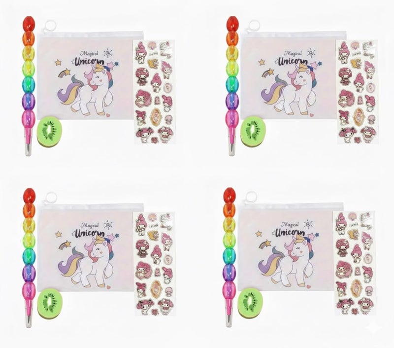 Returngifts : Pack of 8 Combo Sets for Birthday retrun Gifts for Girls. Total 8 Pencil Pouches, 8 erasers, 8 Pencils and 8 Stickers I Gifts for kanjak Kanya Navratri Pooja (Girls Combo) - Image 3