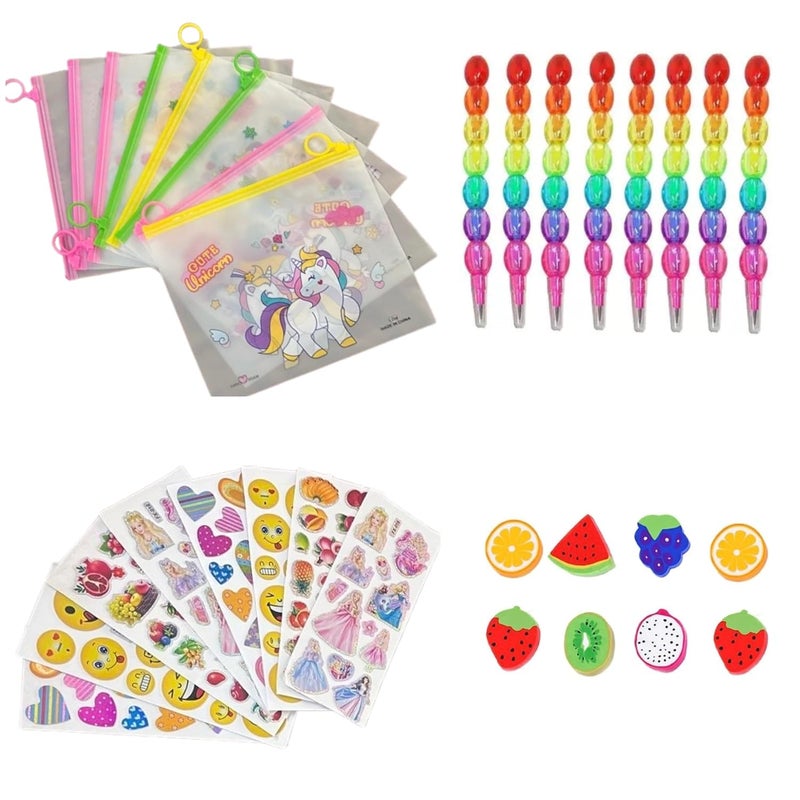 Returngifts : Pack of 8 Combo Sets for Birthday retrun Gifts for Girls. Total 8 Pencil Pouches, 8 erasers, 8 Pencils and 8 Stickers I Gifts for kanjak Kanya Navratri Pooja (Girls Combo) - Image 2