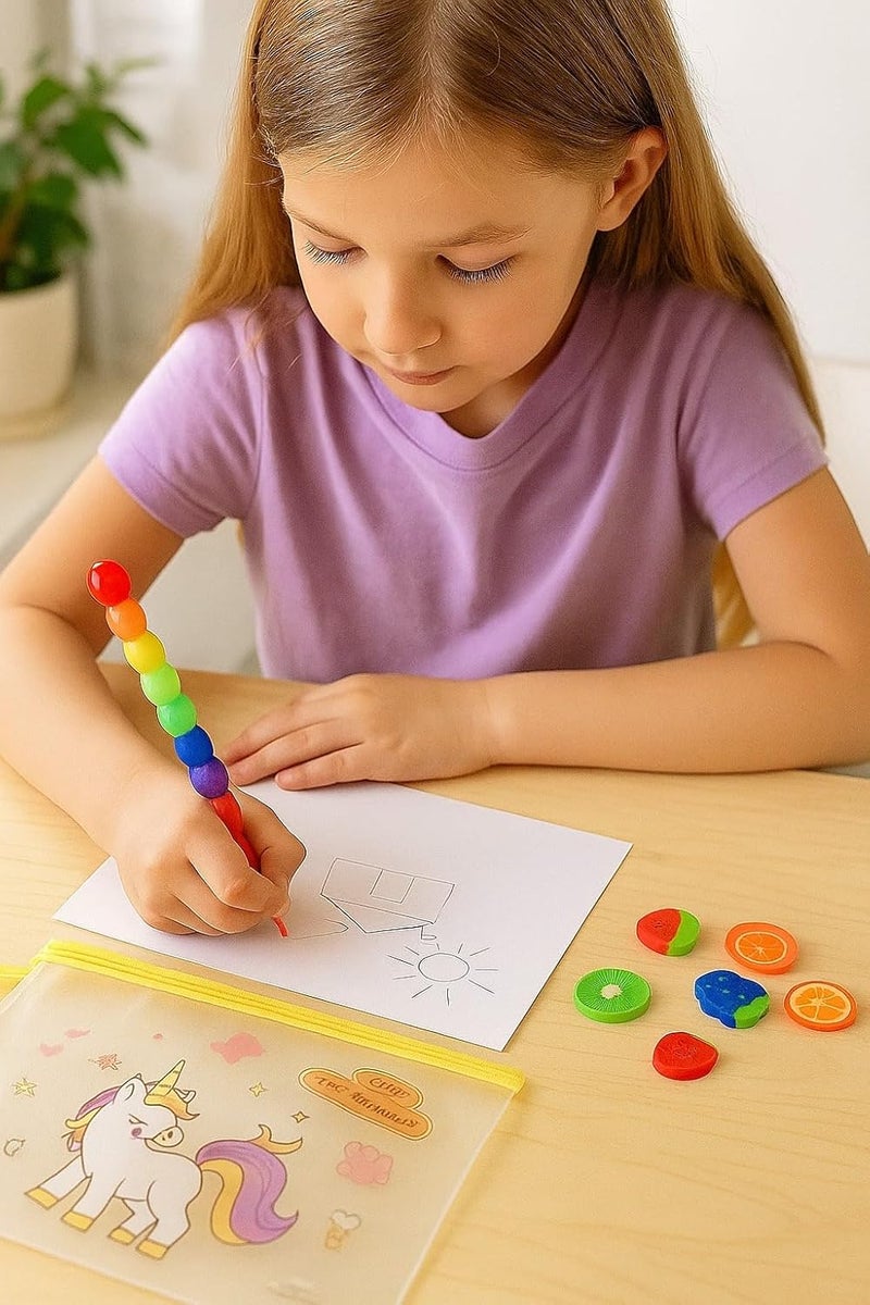 Returngifts : Pack of 8 Combo Sets for Birthday retrun Gifts for Girls. Total 8 Pencil Pouches, 8 erasers, 8 Pencils and 8 Stickers I Gifts for kanjak Kanya Navratri Pooja (Girls Combo) - Image 5