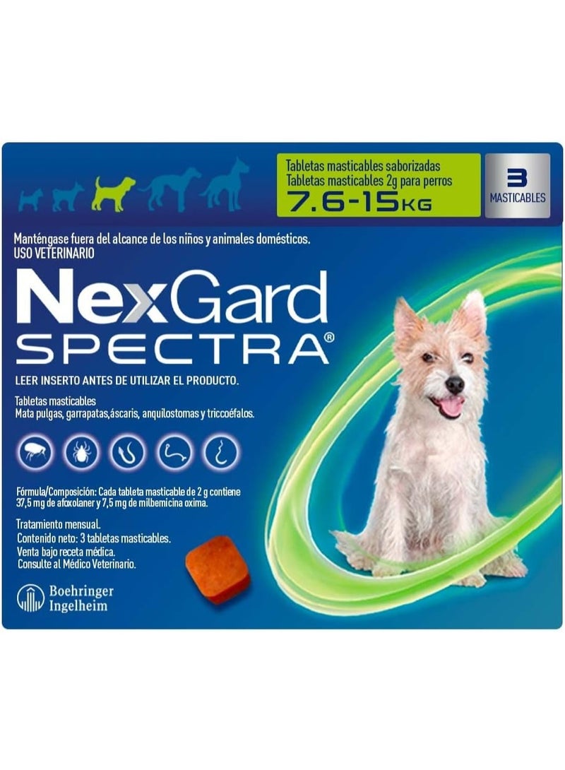 NexGard Spectra Flea, Tick & Worming Chews For Medium Dogs 7.6-15kg (Pack of 3 Tablets) Green - Image 1