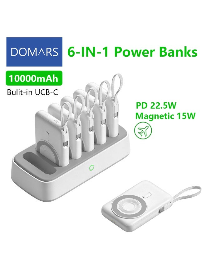 Domars Magnetic Power Banks 6-in-1 Charging Combo 6 X 10000mAh Magnetic Power Bank, 15W Magnetic Wireless Charging 22.5W Super Built-in Fast Charging Cable Type-C Cable LED Display, Includes Charging Cable, Travel Charger External Battery Pack Compatible For iPhone 17/16/15/14/13/12/11 Series and Android (White) - Image 1