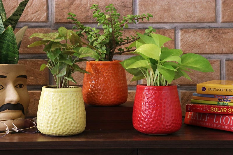 Leafy Tales Honeycomb Texture Ceramic Pot for Home Garden Decor Glossy Red - Image 2