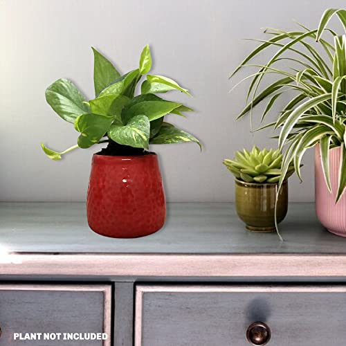 Leafy Tales Honeycomb Texture Ceramic Pot for Home Garden Decor Glossy Red - Image 5