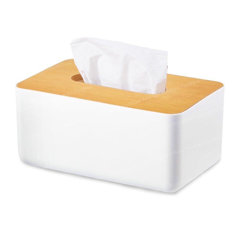 FunBlast Tissue Box Holder - Bamboo Cover Plastic Tissue Box Holder, Tissue Paper Holder Box, Napkin Holder for Table, Tissue Holder Dispenser Organizer for Home, Office, Car (21.5 X 12.5 X 9.5 Cm) - Image 1