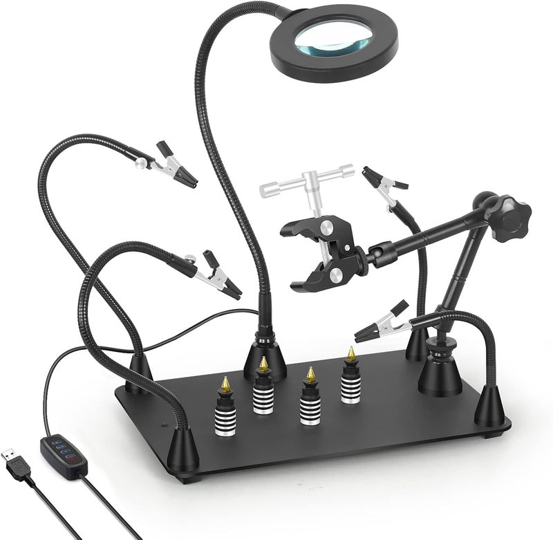 EOOKU Helping Hands Soldering Circuit Board Holder Magnetic Third Hand Tools with 3X LED Magnifying Lamp, 360 Hot Air Gun Holder, Flexible Metal Arms Heavy Duty Base Electronic Repair Tool Magic Hand - Image 1