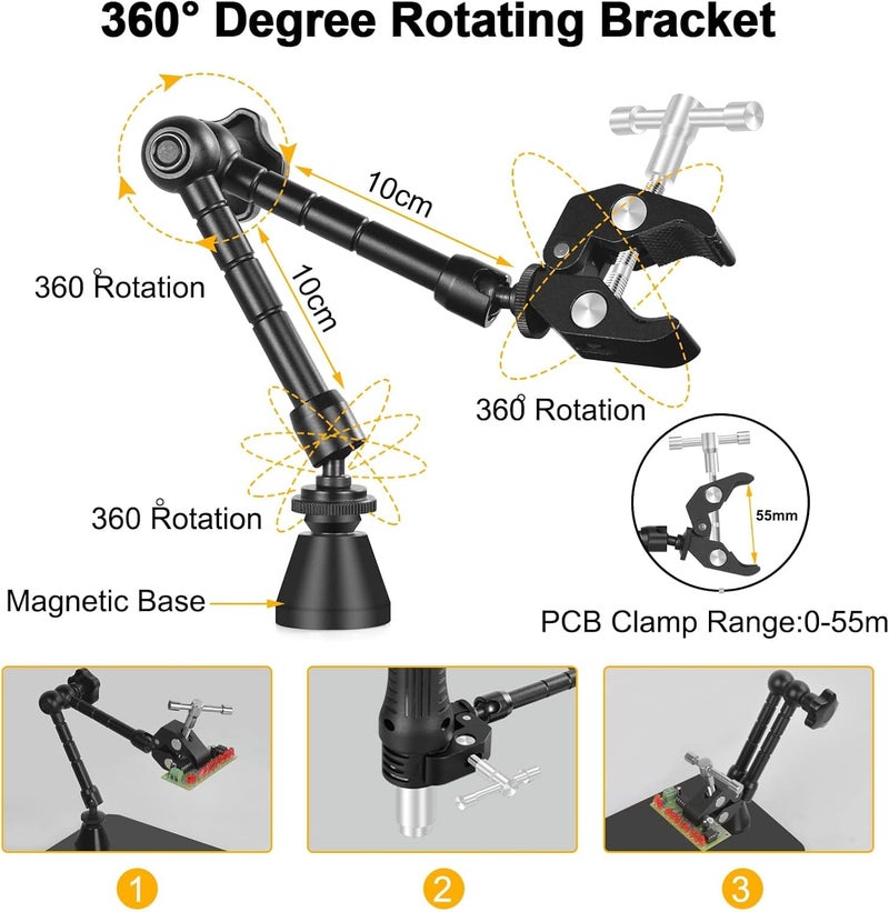 EOOKU Helping Hands Soldering Circuit Board Holder Magnetic Third Hand Tools with 3X LED Magnifying Lamp, 360 Hot Air Gun Holder, Flexible Metal Arms Heavy Duty Base Electronic Repair Tool Magic Hand - Image 3