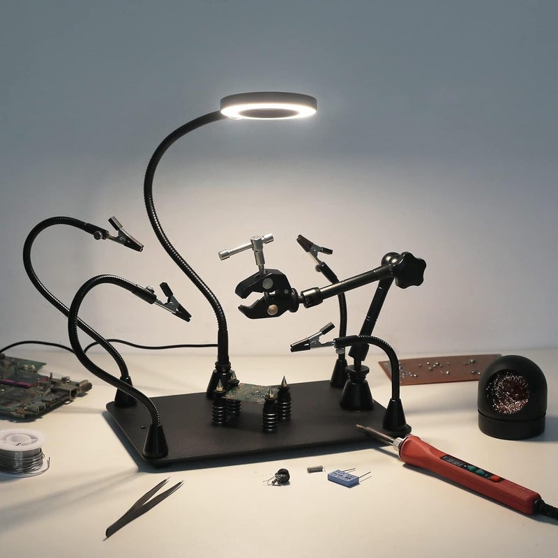 EOOKU Helping Hands Soldering Circuit Board Holder Magnetic Third Hand Tools with 3X LED Magnifying Lamp, 360 Hot Air Gun Holder, Flexible Metal Arms Heavy Duty Base Electronic Repair Tool Magic Hand - Image 2