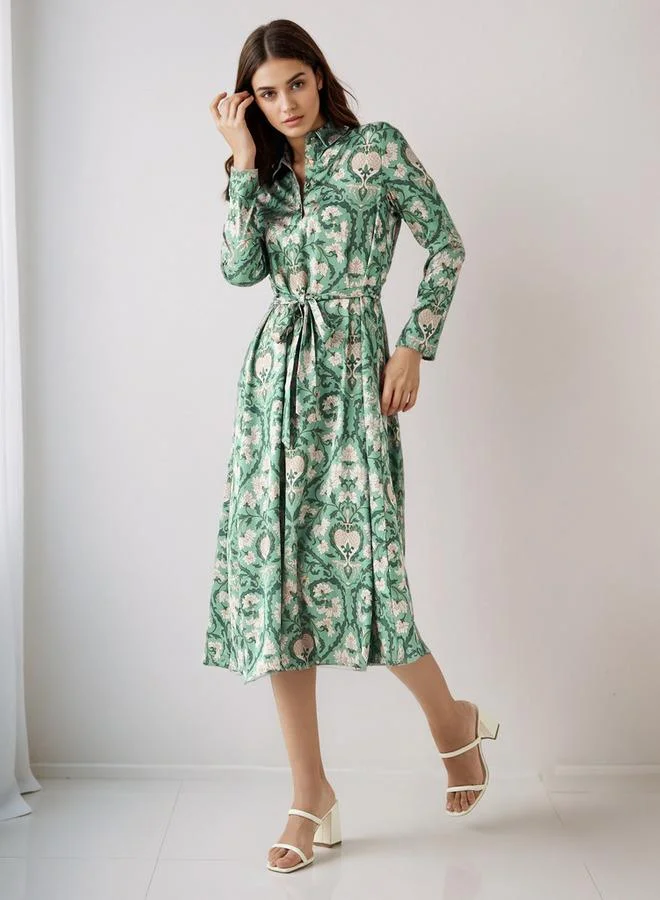 Splash FAV Floral Print Shirt Dress with Tie-Up Detail