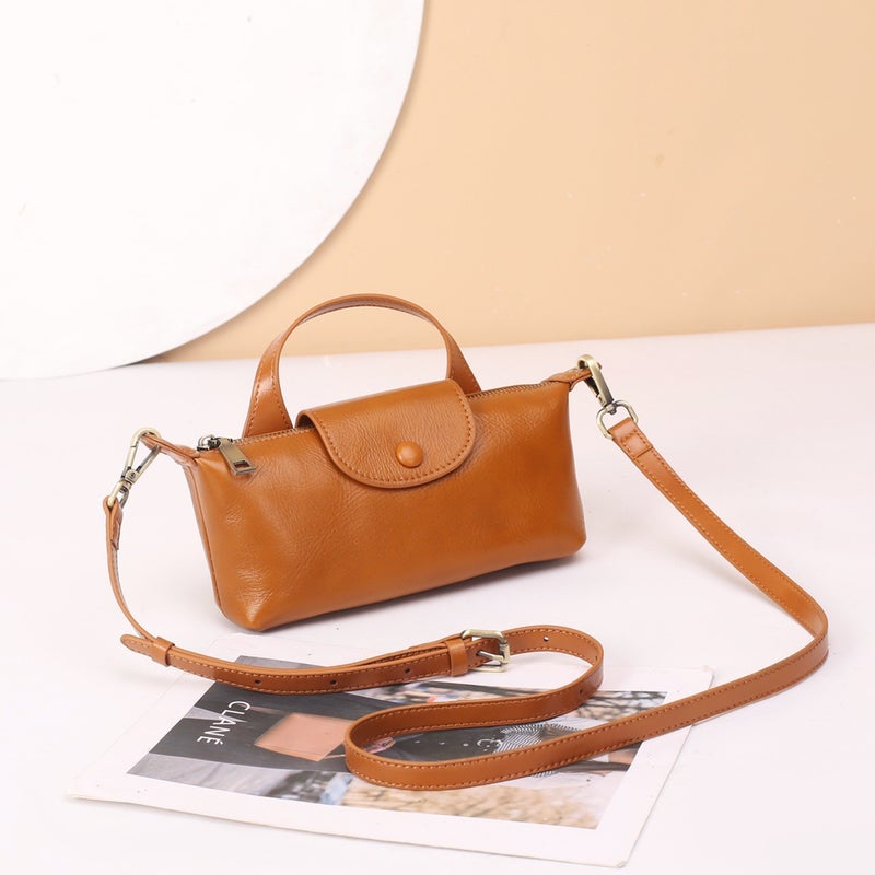 New Hand-carried Vegetable Tanning Top Layer Imported Cowhide Dumplings Dragon Inlay Simple Shoulder Crossbody Small Bag Sunset Yellow